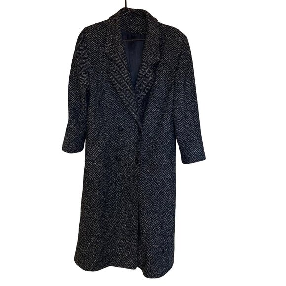 Unbranded Jackets & Blazers - Vintage Womens Coat Size Medium Black Tweed Herringbone Trench Pockets Wool